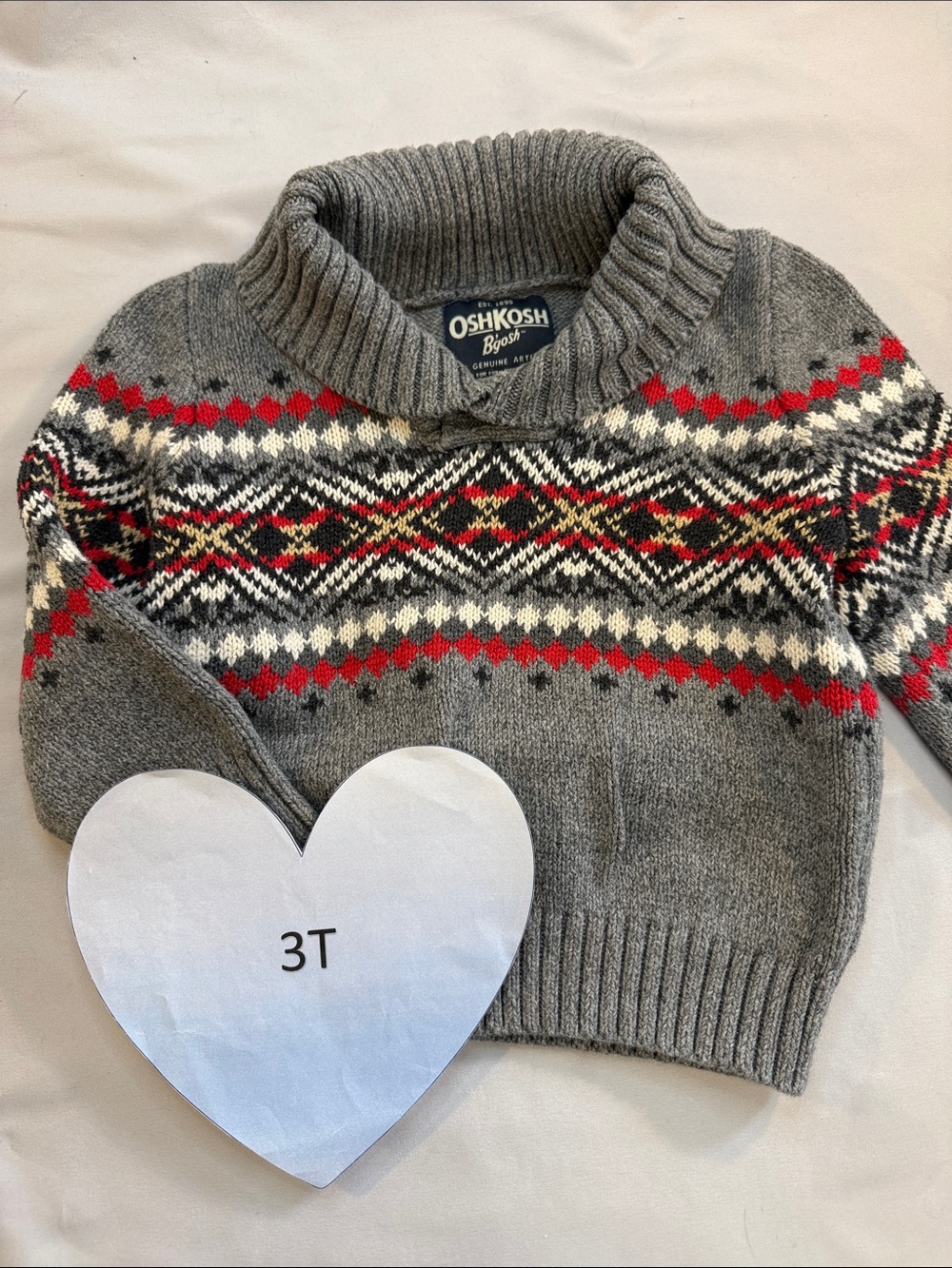 OshKosh B'gosh Gray Turtleneck Sweater with Red and White Fair Isle - Picture 1 of 3